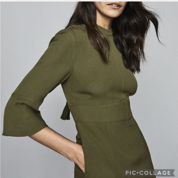 Reiss Cora Three Quarter Sleeve Dress Olive Green Crepe Size 8 - Picture 2 of 5